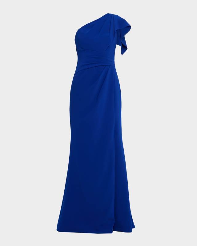 Pleated One-Shoulder Stretch Crepe Gown